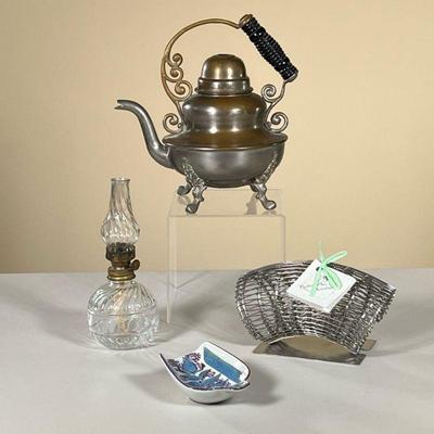 (4PC) MIXED ODDS & ENDS | Including clear glass oil lamp, Faince painted spoon rest signed and numbered on bottom â€œ414/2900â€, copper...