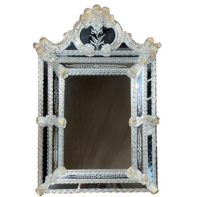 VENETIAN GLASS WALL MIRROR | Rectangular mirror with blown glass twisted embellishments and rosettes. - w. 25 x h. 43 in