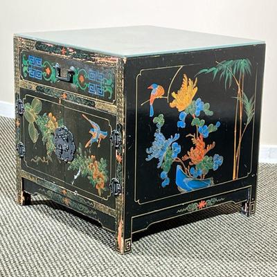ANTIQUE COLORFUL LACQUERED SIDE TABLE | The top decorated with blooming flowers when killed highlights single drawer, over double cabinet...