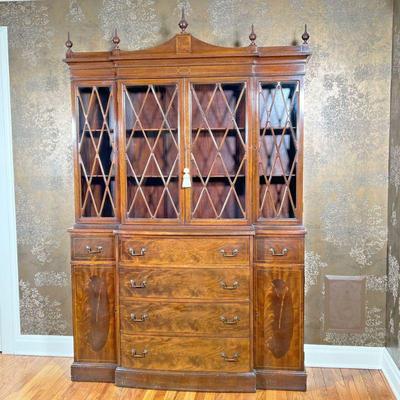 INLAID BREAKFRONT MAHOGANY HUTCH | Mahogany breakfront hutch with 4 glass doors over fold-out writing desk and 3 drawers flanked by 2...