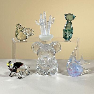 (5PC) MISC ART GLASS FIGURES | Including a blonde glass, bird, a purple blown glass turtle a blue blown glass cat a colorful, blown glass...