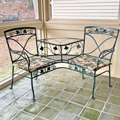 CURVED OUTDOOR BENCH/PATIO SET | Outdoor bench curved at a 90-degree angle with 2 seats on either side and a small glass top table in...