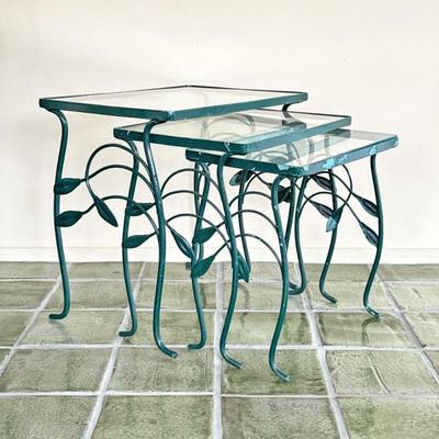 (3PC) OUTDOOR NESTING TABLES | Glass top nesting tables with wrought iron frames decorated with flora & fauna. - l. 20.5 x w. 14.25 x h....