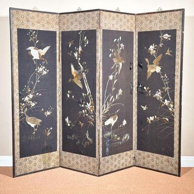 ANTIQUE EMBROIDERED FOUR-PANEL SCREEN | Each screen decorated with birds among branches. - w. 22 x h. 67 in (each panel)

