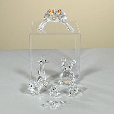 (6PC) SWAROVSKI CRYSTAL ANIMALS | Including a bear, a squirrel with a nut, a cat, a small puppy, a branch with 4 birds, and a small...