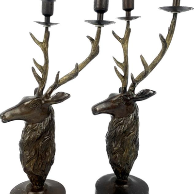 #68 â€¢ Bronze Metal Stag and Buck Candlestick Holders - Vintage
