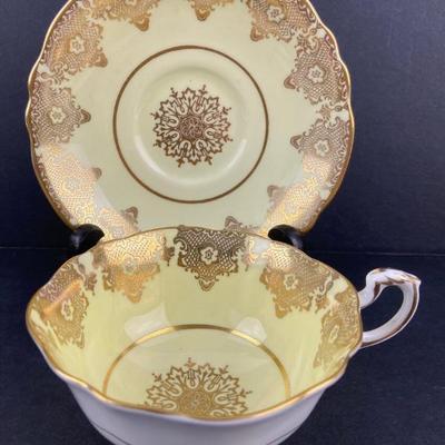 #51 â€¢ Paragon Fine Bone China Vintage Wide Mouth Tea Cup and Saucer - Yellow with Gold Design and Trim - England c 1840
