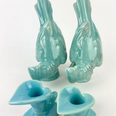 #36 â€¢ Roselane Pottery MCM Teal Ceramic Cockatoos (2) & Art Deco Blue Lily Bud Vases (2)
