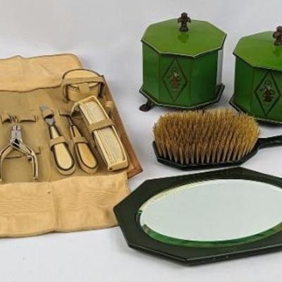 #37 â€¢ Vintage Green Lucite Empire- Hand Held Mirror, Powder Jars, Manicure Set and More
