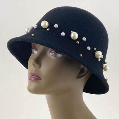 #47 â€¢ Vintage Black Wool Beaded Bucket Hat
