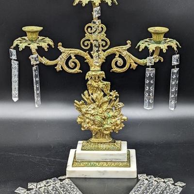 #41 â€¢ Marble, Brass and Crystal Prisms Girandole Candelabra
