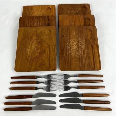 #98 â€¢ Zassenhaus Vintage Acacia Wood Snack Trays with Fork & Knife - Set of 6 - West Germany
