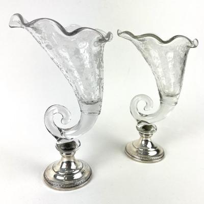 #76 â€¢ Cambridge Chantilly Glass Cornicopia Vases with Sterling Silver Bases
