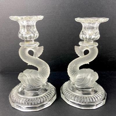 #46 â€¢ Vintage Dragon Clear and Frosted Satin Glass Candlestick Holders
