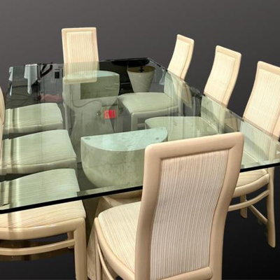 #70 â€¢ 1980's Postmodern Travertine Pedestal Glass Top Dining Table w/ 8 Lacquered Chairs
