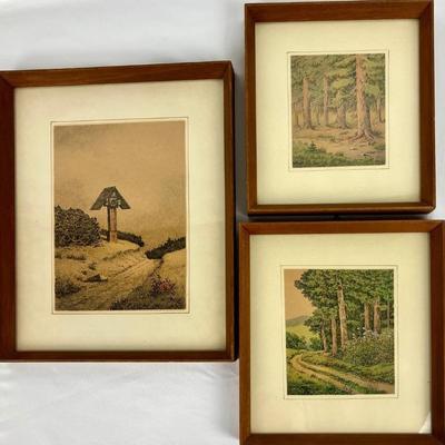 #74 â€¢ Three Signed & Framed Woodland Etchings by Holzer
