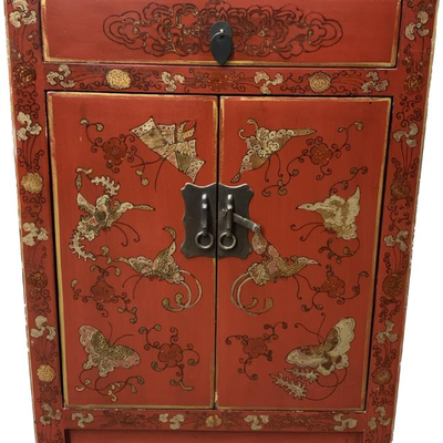 #67 â€¢ Vintage Chinese Handpainted Red Laquered Nightstand/ Side Table
