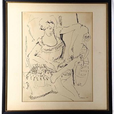 #16 â€¢ Carol Hoorn Fraser: Signed 1964 Seated Woman Ink Drawing, Frames
