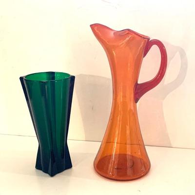 Mid century glass. The Blenko style pitcher is 13 1/2â€ tall.