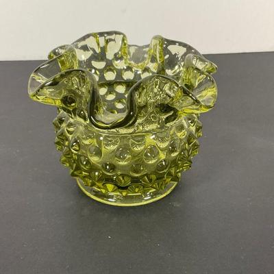 fenton green glass hobnail vase - sm.