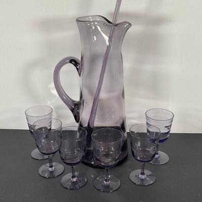 purple glass cocktail mixer & glasses