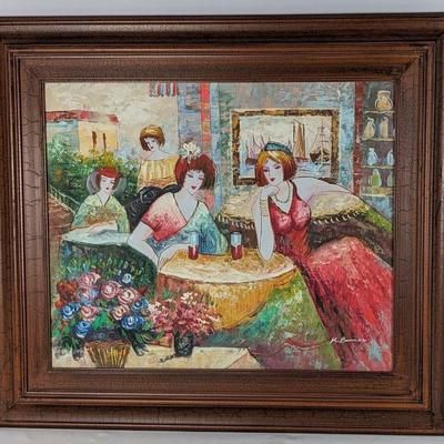 #110 â€¢ K. Barnes: Ladies with Drinks Signed Oil on Canvas

