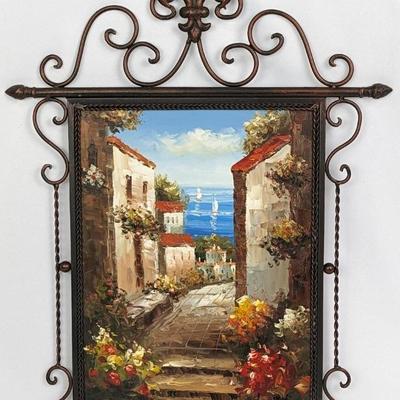 #18 â€¢ Signed Seaside Village Painting - Framed Oil on Canvas
