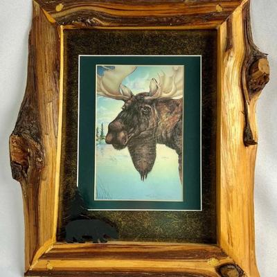 #59 â€¢ Signed Moose Print in Rustic, Cabin-Friendly Wood Frame
