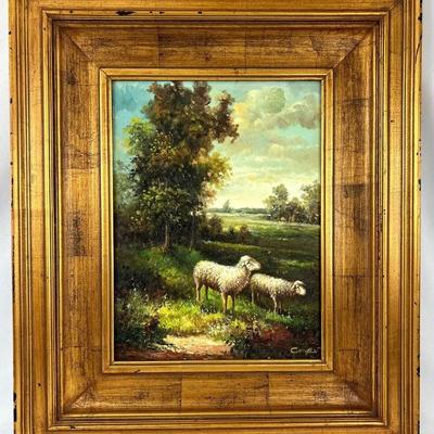 #38 â€¢ Framed Signed Oil Painting of Sheep Grazing
