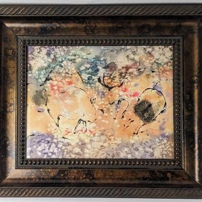 #48 â€¢ Signed Watercolor of Recreated Cave Paintings, Framed
