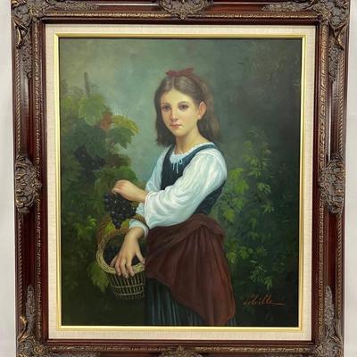 #106 â€¢ Framed Oil on Canvas in the Style of Elizabeth G. Bouguereau's "A Young Girl Holding A Basket of Grapes"
