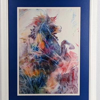 #49 â€¢ Marian Alstad Signed Rearing Horse Watercolor, Framed
