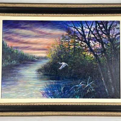 #90 â€¢ Large Signed Framed Oil on Canvas Landscape - Herons at Sunset
