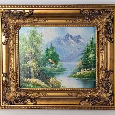 #101 â€¢ Signed Cabin in Mountains Oil on Board - Framed Landscape
