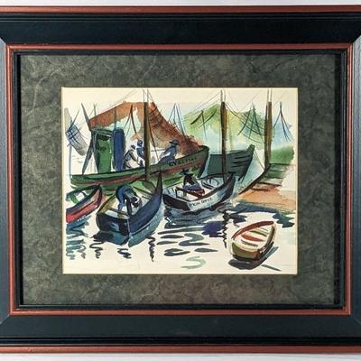 #100 â€¢ "Mon Reve" French Boats Original Watercolor, Framed
