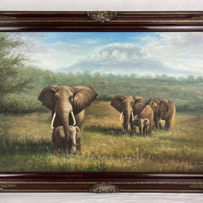 #77 â€¢ Unsigned Landscape Painting with Elephants - Framed
