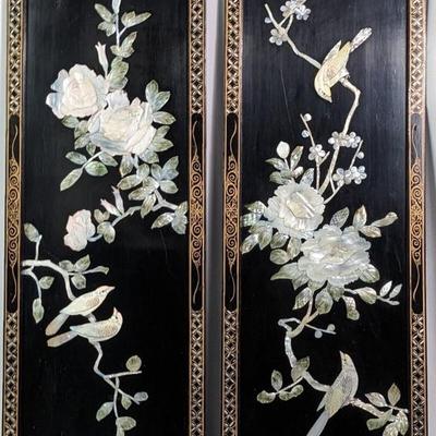 #73 â€¢ Pair Japanese Birds and Flowers Abalone on Lacquer Wall Hangings

