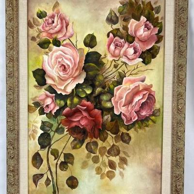 #39 â€¢ Roses Still Life - Mid-Century Framed Signed Oil on Canvas
