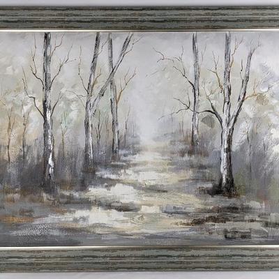 #91 â€¢ Large Silver Tree Lane Oil Painting, Framed
