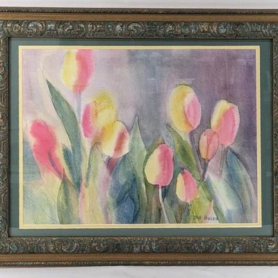 #111 â€¢ Jan Hulen: Signed Tulips Watercolor, Framed
