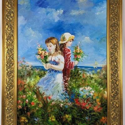 #88 â€¢ Large Signed Girls with Wildflowers Oil Painting, Framed
