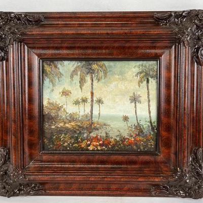 #115 â€¢ Framed Oil on Canvas Landscape - Tropical Seaside View with Palms - 17.5" x 15.5"

