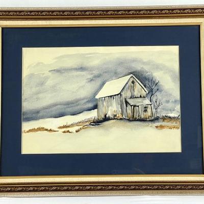 #63 â€¢ Framed Watercolor - Barn With Winter Skies - Unsigned, 28