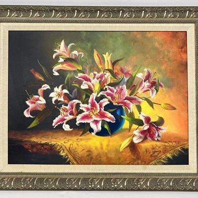 #32 â€¢ Fran Di Giacomo: Framed Textured Giclee Still Life of Blooming Lilies in a Round Bowl - 40
