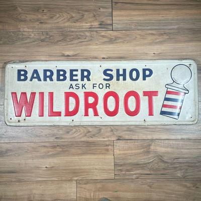 BARBER SHOP SIGN | Embossed blue and red colored lettering, barber pole. W-65 AM Sign Co., Lynchburg. Va., 10-58.
