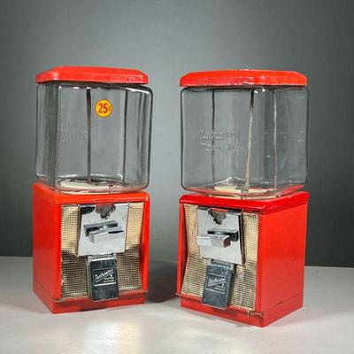 (2PC) CANDY MACHINES | Red cast metal with rectangular glass jars. - l. 6.75 x w. 6.75 in (base)
