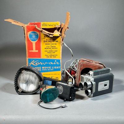 (4PC) KODAK CAMERA & ACCESSORIES | Including a Kodak movie film camera, a Korv-air Delixe Movie Light model 303 in the original box, and...