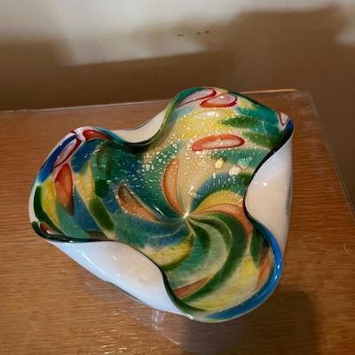 Italian Art Glass Bowl Vintage Murano White Tutti-frutti Colors