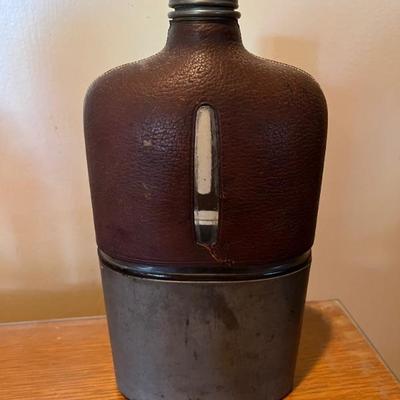 1900s Antique G&J.W. Hawksley Leather Bound Blown Glass Hip Flask