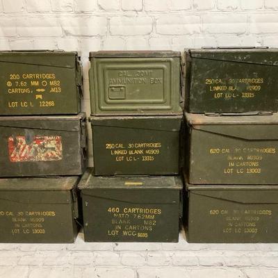 JSHI226 Ammo Boxes	9 different size ammo boxes. One of the ammo boxes has some gun cleaning supplies. Some have a little bit of rust.Â 
